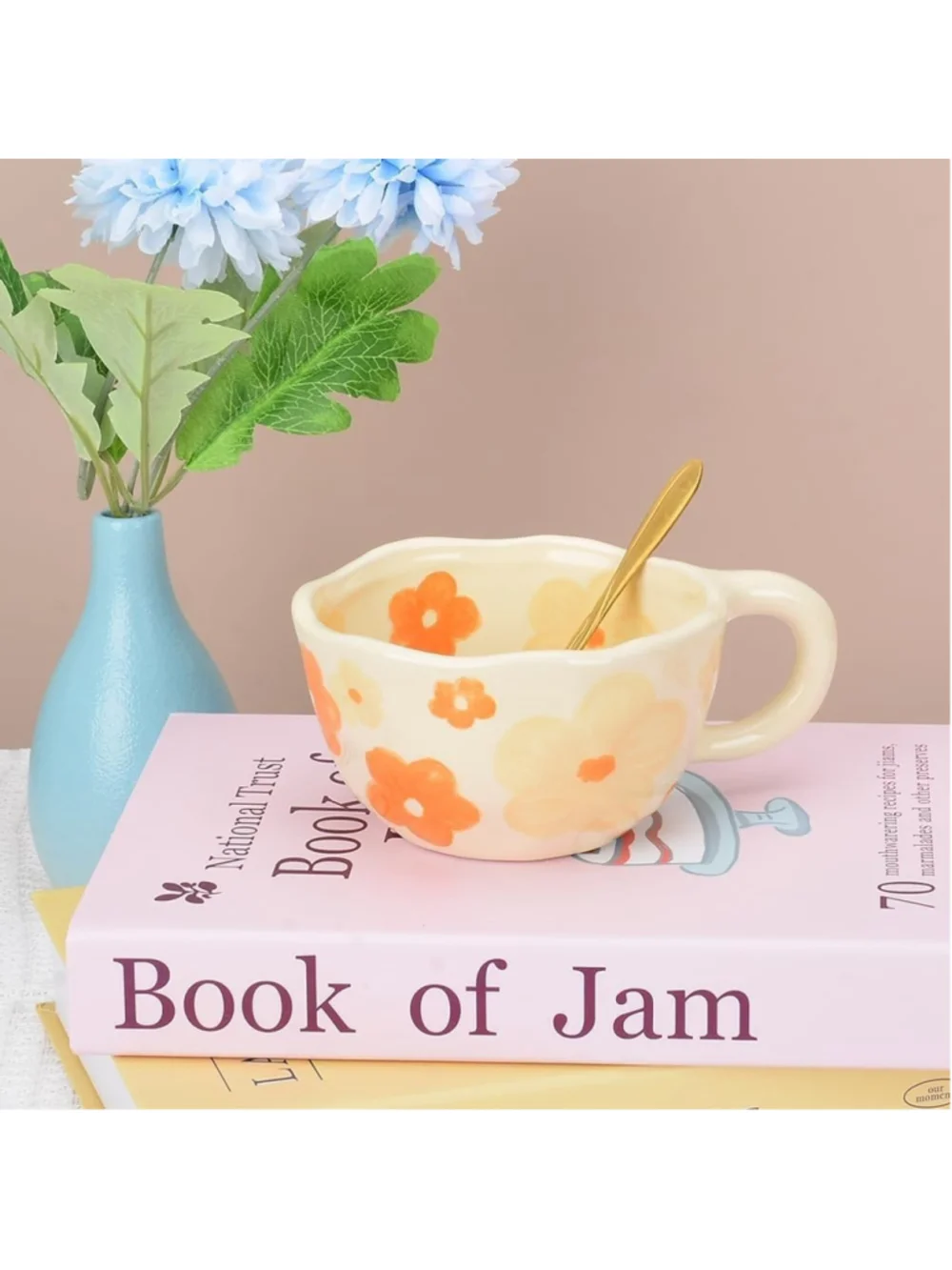 Handpainted Flower Ceramic Aesthetic Tea Mug with Spoon